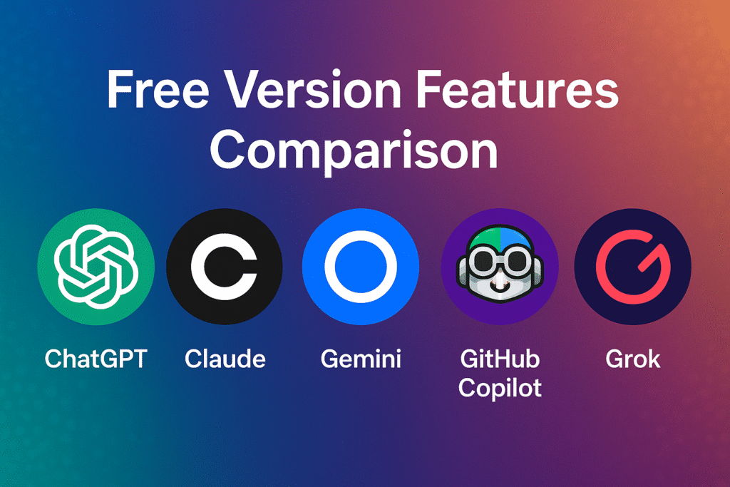 Free version features comparison of ChatGPT , Claude , Gemini , GitHub Copilot , Grok